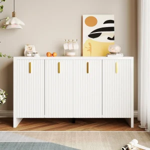 Buffet 140x80x38cm, avec 4 portes, poignées dorées et séparateurs réglables, design élégant, panneaux de particules, blanc