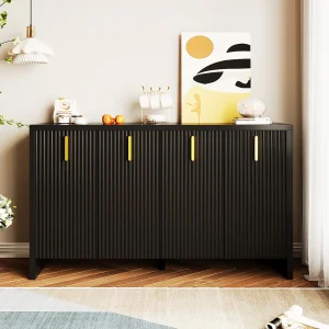 Buffet 140x80x38cm, avec 4 portes, poignées dorées et séparateurs réglables, design élégant, panneaux de particules, noir