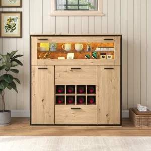 Buffet de rangement, Elégante armoire à vin avec portes doubles, étagère en verre et support pour le vin – Rangement parfait