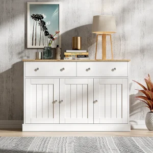Buffet 120x36x80.5cm – meuble de salon avec texture gravée, mécanisme d'ouverture par pression – Blanc Buffet 120x36x80.5cm – meuble de salon avec texture gravée, mécanisme d'ouverture par pression – Blanc