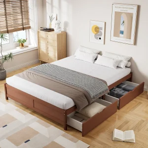 Cadre de lit 140x200cm – lit double en bois avec 2 tiroirs à roulettes avec sommiers à lattes sans tête de lit – rouge-marron Cadre de lit 140x200cm – lit double en bois avec 2 tiroirs à roulettes avec sommiers à lattes sans tête de lit – rouge-marron