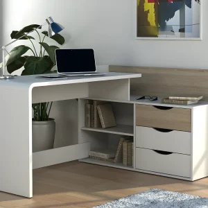Hoekbureau DECLAN II – MDF – 3 lades & 2 nissen – Kleuren: Wit en eik – Koop nu online Hoekbureau DECLAN II – MDF – 3 lades & 2 nissen – Kleuren: Wit en eik – Koop nu online