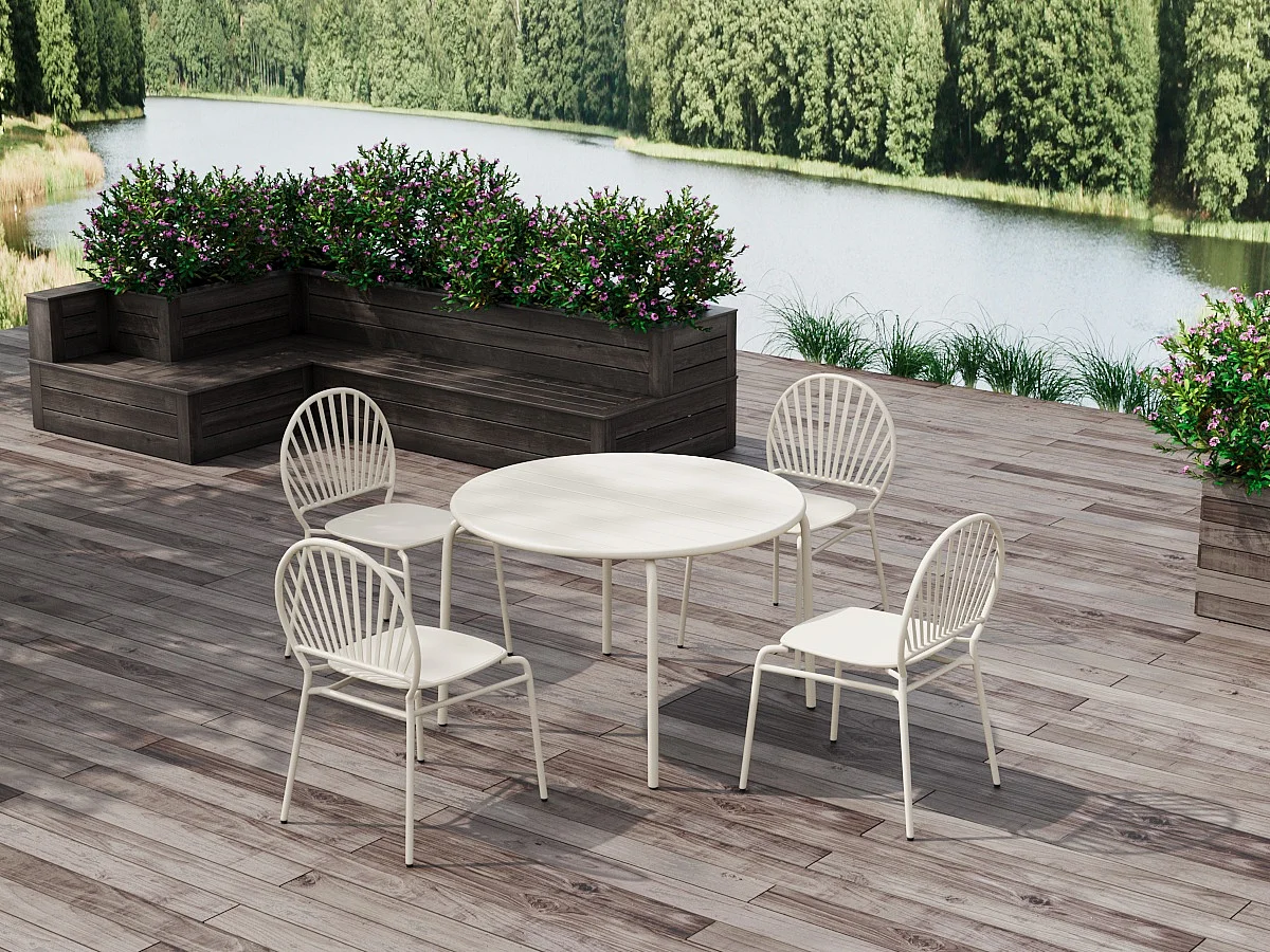Tuineethoek van metaal: 1 tafel D110 cm en 4 beige stoelen - CEDEIRA van MYLIA