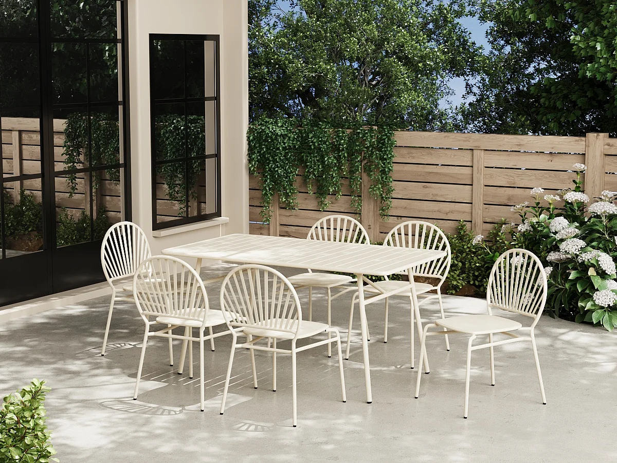 Tuineethoek van metaal, 1 tafel D160 cm en 6 beige stoelen - CEDEIRA van MYLIA