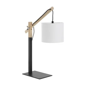 BRITTA moderne stijl tafellamp – Hoogte 45,5 cm – E27 60W – 90º graden – 2 meter kabel – aan&uit – staal en hout – zwart – witte katoenen lampenkap