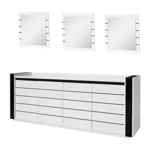 Set buffetkast LINA met LED en 3 vierkante spiegels in wit en zwart kleur Set buffetkast LINA met LED en 3 vierkante spiegels in wit en zwart kleur