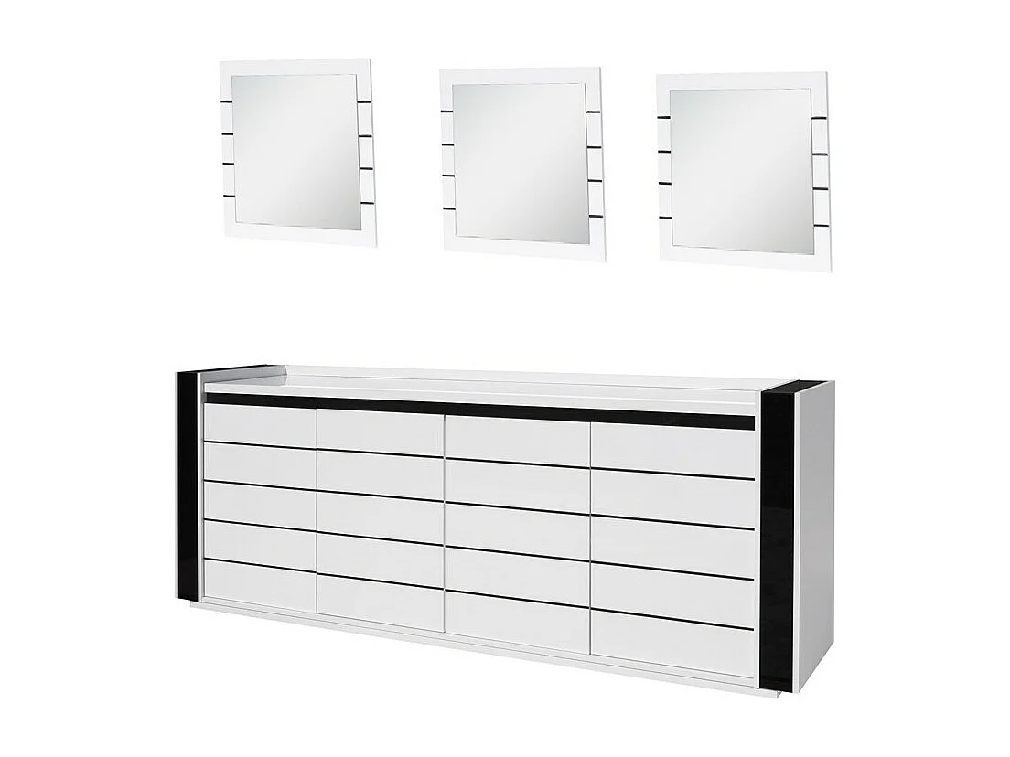 Set buffetkast LINA met LED en 3 vierkante spiegels in wit en zwart kleur