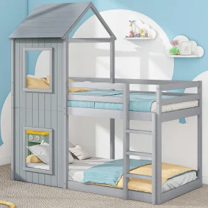 Cabine stapelbed 90x200cm – massief hout – met 2 ramen – Grijs Cabine stapelbed 90x200cm – massief hout – met 2 ramen – Grijs