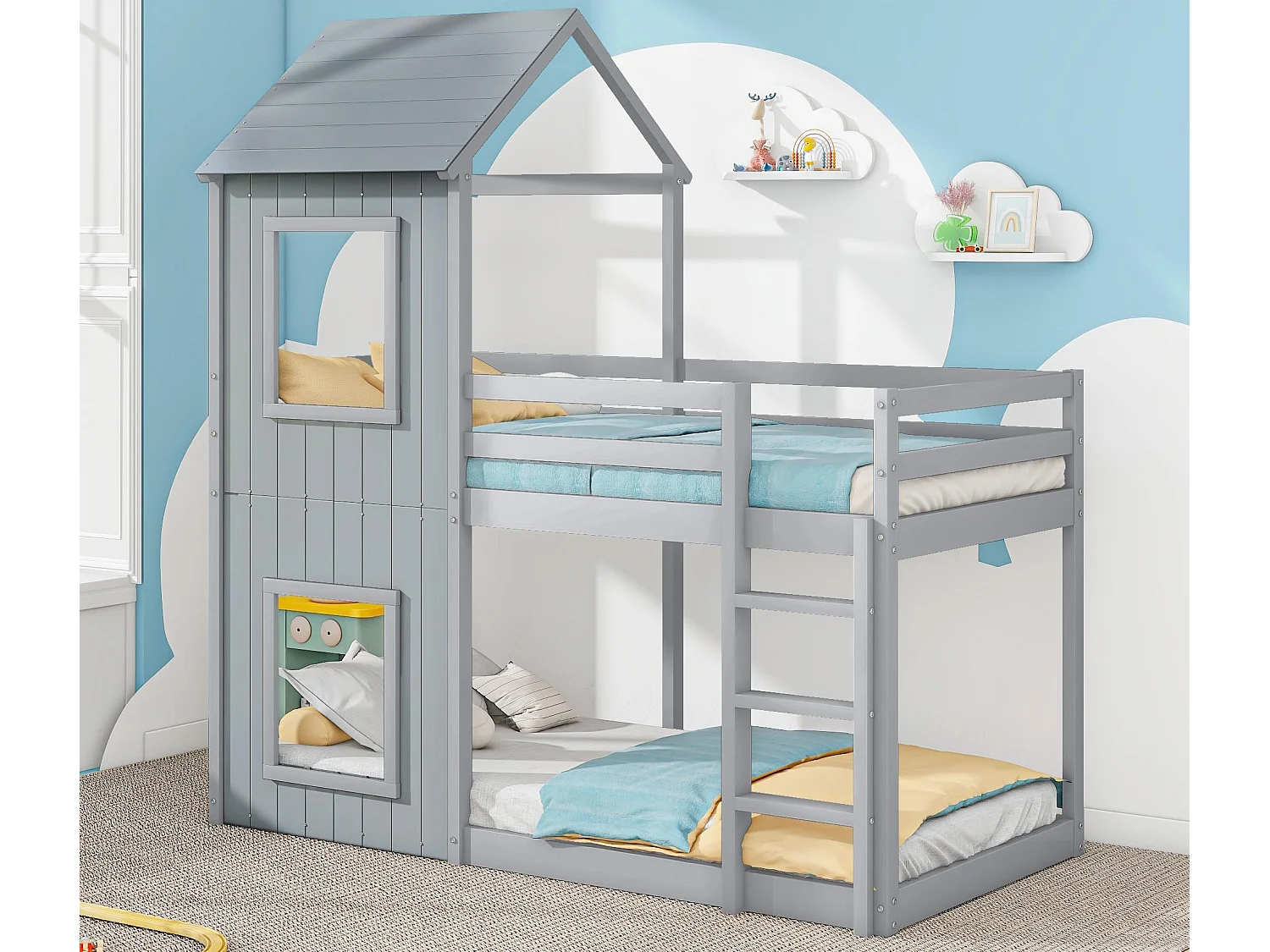Cabine stapelbed 90x200cm - massief hout - met 2 ramen - Grijs