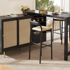 Dressoir, uitschuifbaar en draaibaar bar meubel – van MDF – met diverse opbergruimtes – Zwart Dressoir, uitschuifbaar en draaibaar bar meubel – van MDF – met diverse opbergruimtes – Zwart