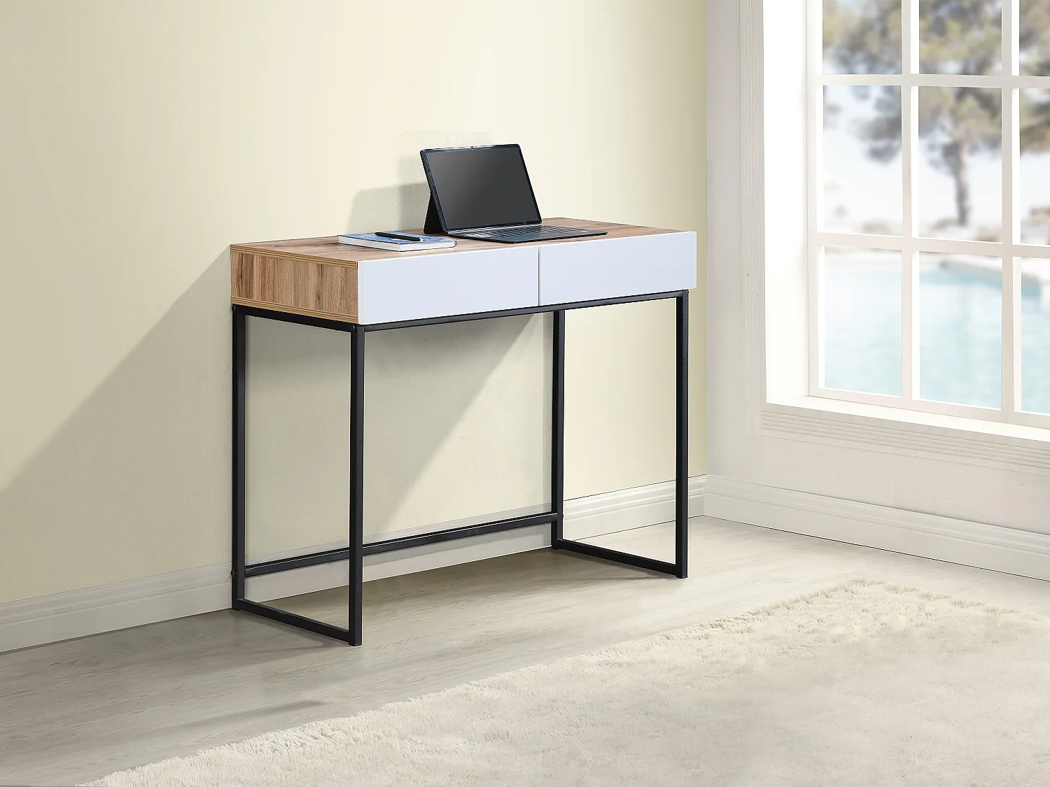 Console-bureau met 2 lades, wit en naturel - CEVANIA