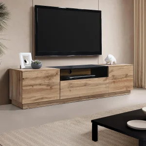 Tv-meubel met 2 deuren, 1 lade en 1 nis – Naturel en zwart – CEMILINA Tv-meubel met 2 deuren, 1 lade en 1 nis – Naturel en zwart – CEMILINA