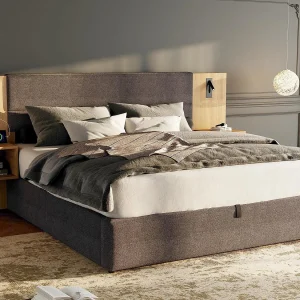 Breed opbergbed 180×200 cm bekleed met fluweel – met USB-poort en LED – 2 nachtkastjes – Grijs & Naturel Breed opbergbed 180×200 cm bekleed met fluweel – met USB-poort en LED – 2 nachtkastjes – Grijs & Naturel