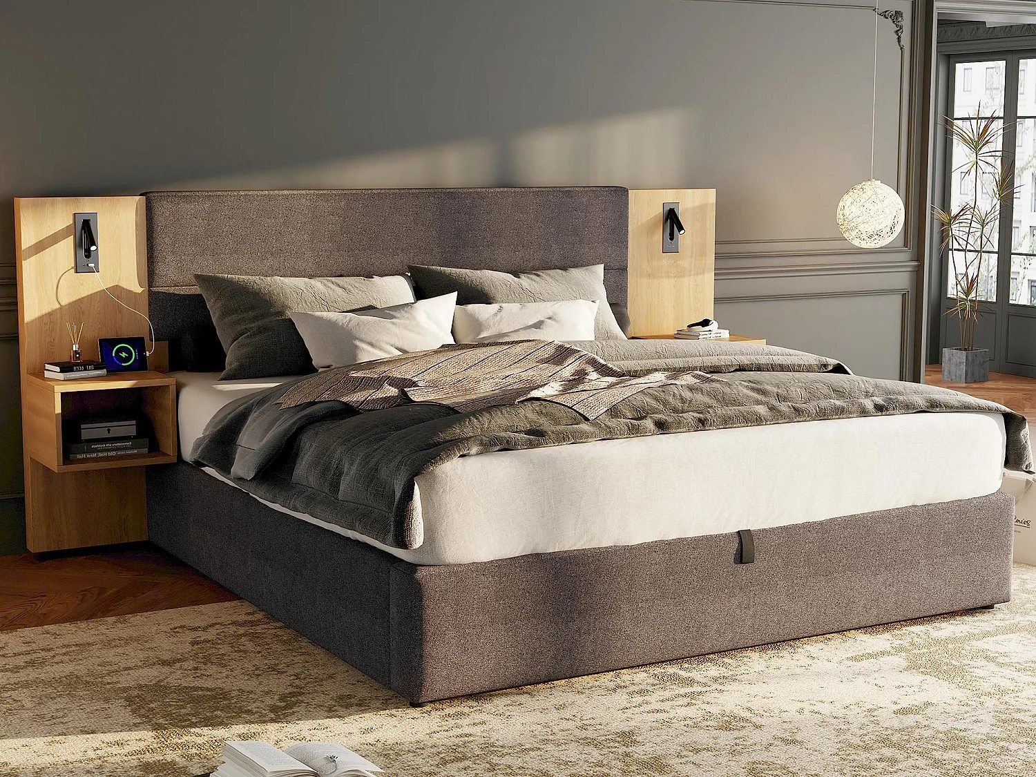 Breed opbergbed 180x200 cm bekleed met fluweel - met USB-poort en LED - 2 nachtkastjes - Grijs & Naturel