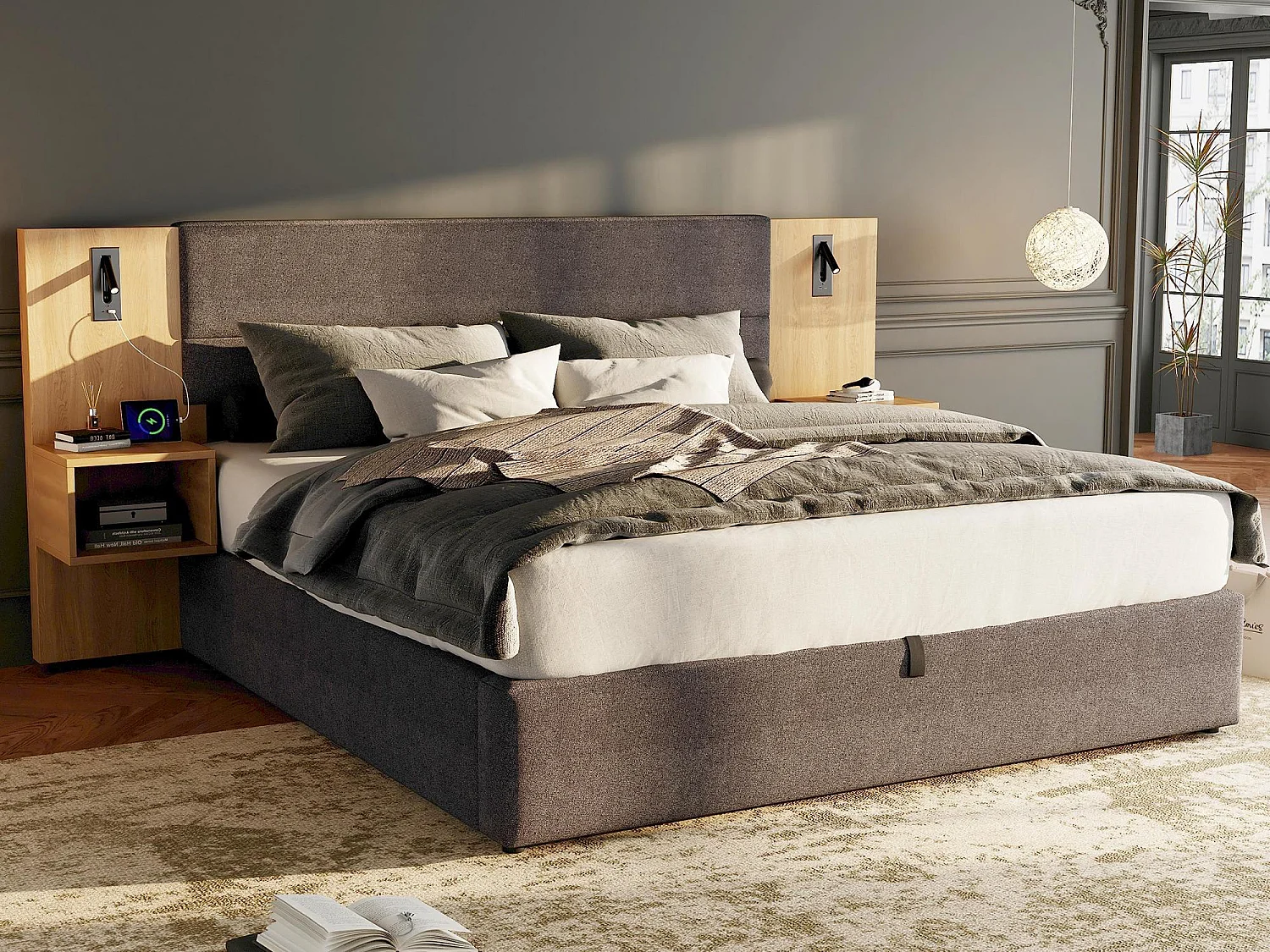 Breed opbergbed 160x200 cm bekleed met fluweel - met USB-poort en LED - 2 nachtkastjes - Grijs & Naturel