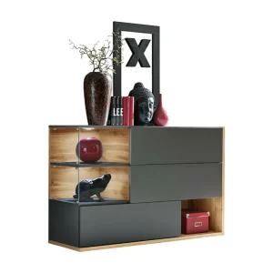 Buffet, dressoir, sideboard KLIS met drie deuren en drie vakken. Kleur antracietgrijs en eiken. Design stijl. Buffet, dressoir, sideboard KLIS met drie deuren en drie vakken. Kleur antracietgrijs en eiken. Design stijl.