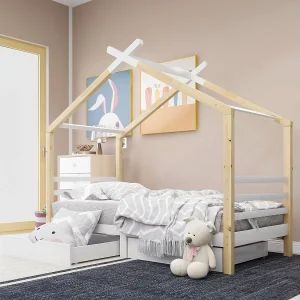 Cabinebed 90 x 200 cm met 2 lades – Massief hout – Lattenbodem – Wit + houtkleur (Zonder matras) Cabinebed 90 x 200 cm met 2 lades – Massief hout – Lattenbodem – Wit + houtkleur (Zonder matras)