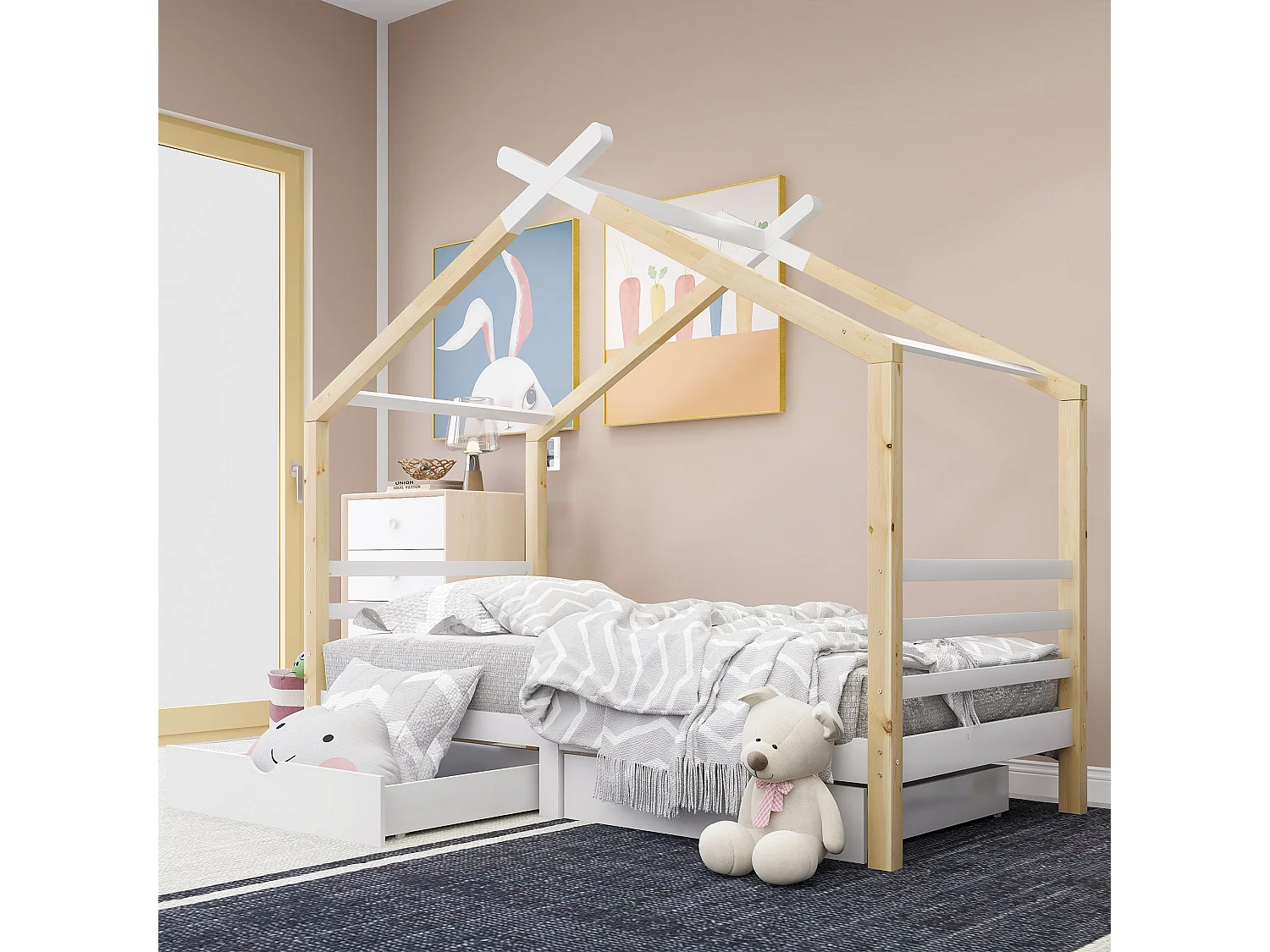 Cabinebed 90 x 200 cm met 2 lades - Massief hout - Lattenbodem - Wit + houtkleur (Zonder matras)