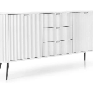 Brede ZOVA commode 168 cm met 3 lades, 2 kasten, vrije handgrepen – Moderne opbergoplossing met zwarte metalen poten 168/87/39 cm, kleur: Wit