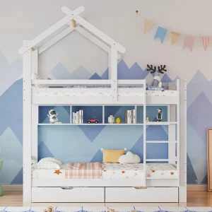 Cabine stapelbed 90x200cm in massief grenen met laden en planken + lattenbodems – Wit Cabine stapelbed 90x200cm in massief grenen met laden en planken + lattenbodems – Wit