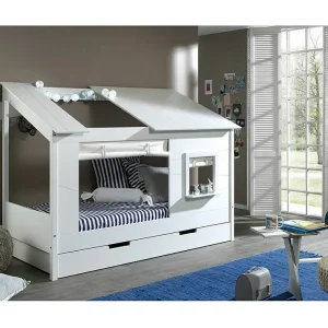 Cabinebed 90×200 cm met wit massief grenen gordijn met Paraderaam Cabinebed 90×200 cm met wit massief grenen gordijn met Paraderaam