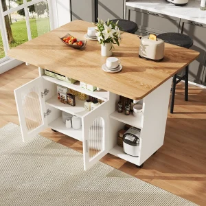 Central Kitchen Island 2 deuren en 3 plank, met draaikauw, opvouwbare tafel, 120×30/70×79.5cm, wit Central Kitchen Island 2 deuren en 3 plank, met draaikauw, opvouwbare tafel, 120×30/70×79.5cm, wit