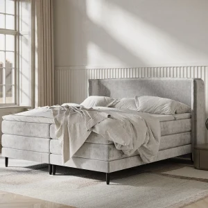 Boxspringbed met hoofdeinde van chenillestof – Carizzo – matras en dekmatras – 160×200 cm – lichtgrijs