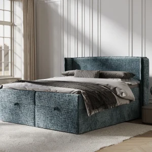 Boxspringbed met hoofdeinde van chenillestof – Passion – matras en dekmatras – 200×200 cm – blauw Boxspringbed met hoofdeinde van chenillestof – Passion – matras en dekmatras – 200×200 cm – blauw