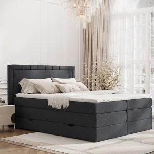Boxspringbed met hoofdeinde van geweven stof – Rosabel – matras en dekmatras – 200×200 cm – zwart Boxspringbed met hoofdeinde van geweven stof – Rosabel – matras en dekmatras – 200×200 cm – zwart