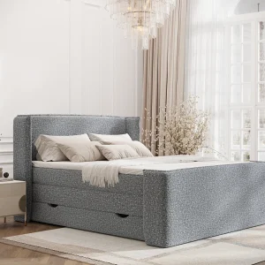 Boxspringbed met hoofdeinde van bouclestof – Freeland – matras en dekmatras – 160×200 cm – grijs Boxspringbed met hoofdeinde van bouclestof – Freeland – matras en dekmatras – 160×200 cm – grijs
