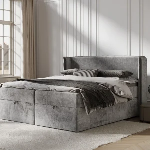 Boxspringbed met hoofdeinde van chenillestof – Passion – matras en dekmatras – 160×200 cm – grijs