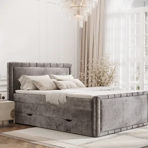 Boxspringbed met hoofdeinde van chenillestof – Estelle – matras en dekmatras – 140×200 cm – beige