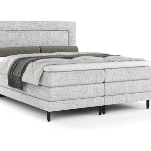 Boxspringbed met hoofdeinde van geweven stof – Madame – matras en dekmatras – 180×200 cm – lichtgrijs