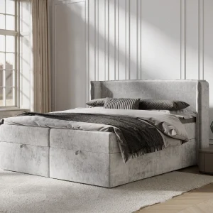 Boxspringbed met hoofdeinde van chenillestof – Passion – matras en dekmatras – 180×200 cm – lichtgrijs Boxspringbed met hoofdeinde van chenillestof – Passion – matras en dekmatras – 180×200 cm – lichtgrijs