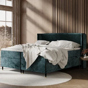 Boxspringbed van chenillestof Segni – matras – topper matras – 160×200 cm – blauwgroen Boxspringbed van chenillestof Segni – matras – topper matras – 160×200 cm – blauwgroen