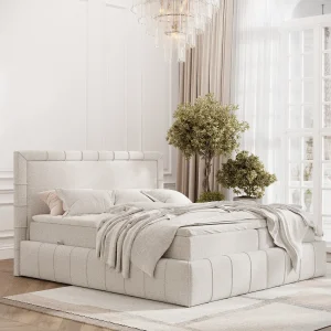 Boxspringbed met hoofdeinde van geweven stof – Sundown – matras en dekmatras – 140×200 cm – beige Boxspringbed met hoofdeinde van geweven stof – Sundown – matras en dekmatras – 140×200 cm – beige