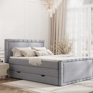 Boxspringbed met hoofdeinde van geweven stof – Estelle – matras en dekmatras – 140×200 cm – grijs Boxspringbed met hoofdeinde van geweven stof – Estelle – matras en dekmatras – 140×200 cm – grijs