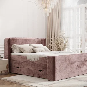 Boxspringbed met hoofdeinde van chenillestof – Freeland – matras en dekmatras – 160×200 cm – roze Boxspringbed met hoofdeinde van chenillestof – Freeland – matras en dekmatras – 160×200 cm – roze