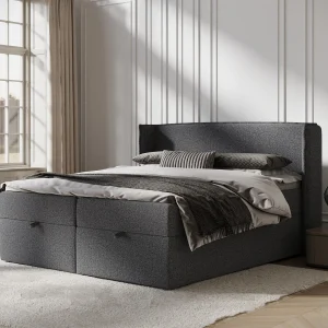 Boxspringbed met hoofdeinde van geweven stof – Passion – matras en dekmatras – 140×200 cm – zwart Boxspringbed met hoofdeinde van geweven stof – Passion – matras en dekmatras – 140×200 cm – zwart