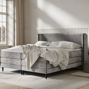 Boxspringbed met hoofdeinde van chenillestof – Carizzo – matras en dekmatras – 160×200 cm – grijs
