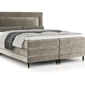 Boxspringbed met hoofdeinde van chenillestof – Madame – matras en dekmatras – 200×200 cm – beige