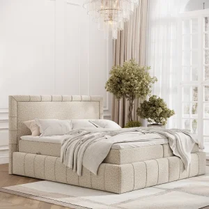 Boxspringbed met hoofdeinde van bouclestof – Sundown – matras en dekmatras – 180×200 cm – beige Boxspringbed met hoofdeinde van bouclestof – Sundown – matras en dekmatras – 180×200 cm – beige