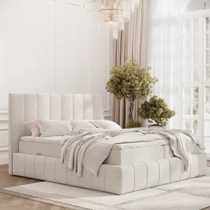 Boxspringbed met hoofdeinde van geweven stof – Moretti – matras en dekmatras – 180×200 cm – beige Boxspringbed met hoofdeinde van geweven stof – Moretti – matras en dekmatras – 180×200 cm – beige