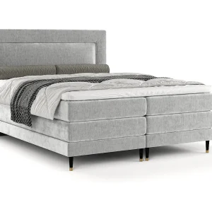 Boxspringbed met hoofdeinde van chenillestof – Madame – matras en dekmatras – 200×200 cm – lichtgrijs