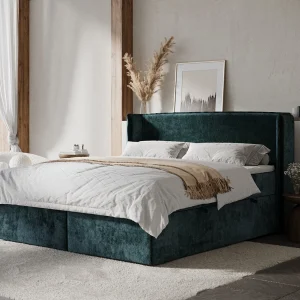 Boxspringbed met hoofdeinde van chenillestof – Skyline – matras en dekmatras – 200×200 cm – blauwgroen Boxspringbed met hoofdeinde van chenillestof – Skyline – matras en dekmatras – 200×200 cm – blauwgroen