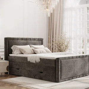 Boxspringbed met hoofdeinde van chenillestof – Estelle – matras en dekmatras – 140×200 cm – bruin