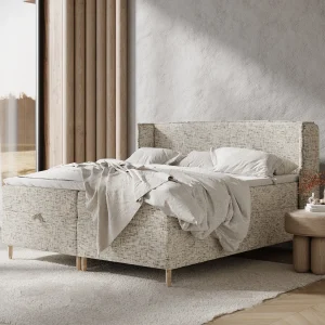 Boxspringbed met hoofdeinde van geweven stof – Monpelli – matras en dekmatras – 160×200 cm – beige mélangé