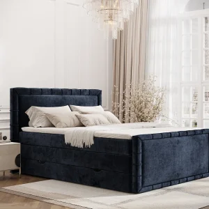 Boxspringbed met hoofdeinde van chenillestof – Estelle – matras en dekmatras – 200×200 cm – marineblauw Boxspringbed met hoofdeinde van chenillestof – Estelle – matras en dekmatras – 200×200 cm – marineblauw
