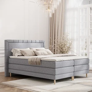 Boxspringbed met hoofdeinde van geweven stof – Rimini – matras en dekmatras – 200×200 cm – grijs Boxspringbed met hoofdeinde van geweven stof – Rimini – matras en dekmatras – 200×200 cm – grijs