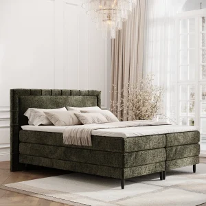 Boxspringbed met hoofdeinde van chenillestof – Rimini – matras en dekmatras – 180×200 cm – olijfgroen